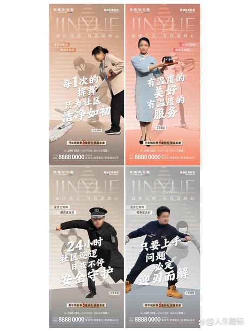 24小时ON CALL，守护从未停歇\n\n正文 \n当夜色笼罩城市，保安巡逻的脚步依然清晰；\n当晨光唤醒家园，监控屏幕的注视从未缺席。\n我们或许不常被看见，但安全的每一秒，都与您相伴。\n从门岗到家门，从车库到花园，安全，是我们对您无声的承诺。\n\n行动号召 \n安心所在，幸福所依。\n--- 物业服务，您身边的隐形卫士 ---\n\n**海报二 环境维护篇**\n\n标题 看见的整洁，看不见的用心\n\n正文 \n清晨五点的落叶，要赶在您晨跑之前清扫干净；\n雨季的积水，要在您出门之前排尽。\n